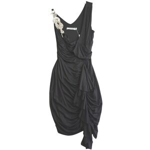 Vintage Y2K Party‎ Dress Med Black Asymmetric Bodycon Ruched Mini Party Minimal